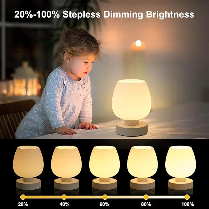 Cordless Touch Bedside Table Lamp, Rechargeable Battery Operated Desk Lamps with 8 RGB Colors, Dimmable Small Glass Nightstand Light for Living Room Bedroom Kitchen Counter