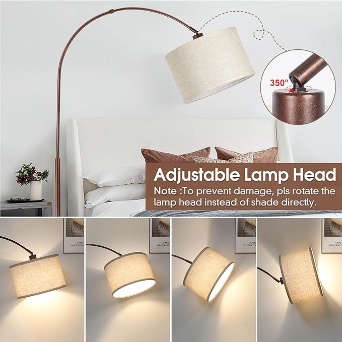 Dimmable Arc Floor Lamps for Living Room, Mid Century Floor Lamp, Antique Bronze Standing Lamp with Adjustable Hanging Shade, Tall Pole Lamp Reading Light for Bedroom, Over Couch, 9W LED Bulb Included