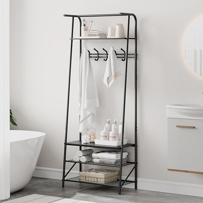 25" Hall Tree, Coat Rack with Shoe Rack, 4-Tier Shelf Entryway Shoe Bench with Storage, Freestanding Metal Frame Multifunctional Hallway Organizer with Hooks, Accent Furniture for Bathroom