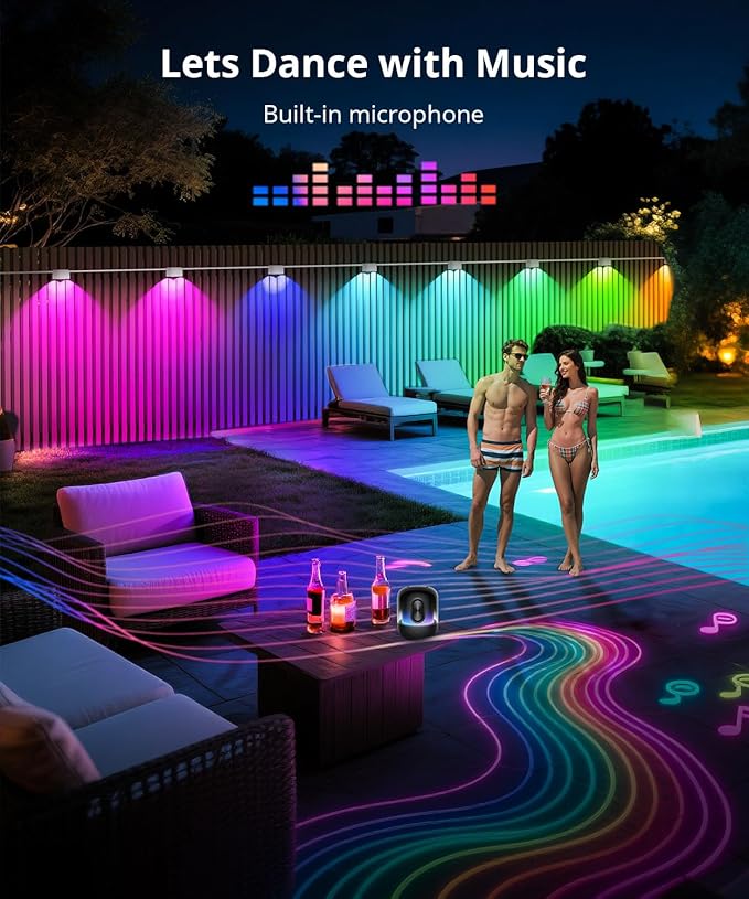 Outdoor Deck Lights 8 Packs, Smart RGBCW Fence Light, 100+ Scene Modes, Dual Lens LED String Lights with APP/Voice/Remote Control, IP65 Waterproof for Halloween Christmas Decor, 52ft White