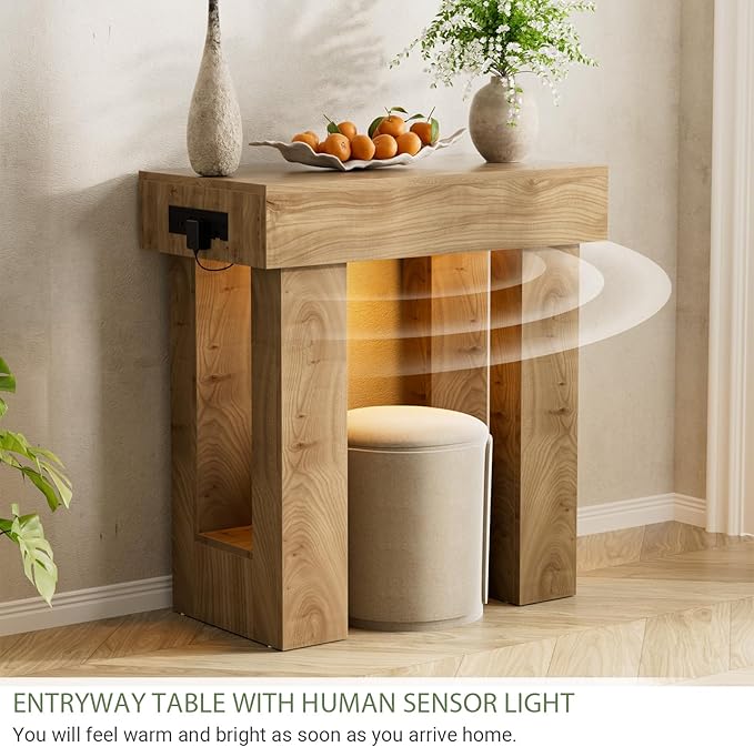 Unikito 32" Entryway Table with Socket and Sensor Light, Narrow Console Table with Storage Behind Couch, Farmhouse Entryway Table for Hallway, Behind the Couch, Living Room, Foyer