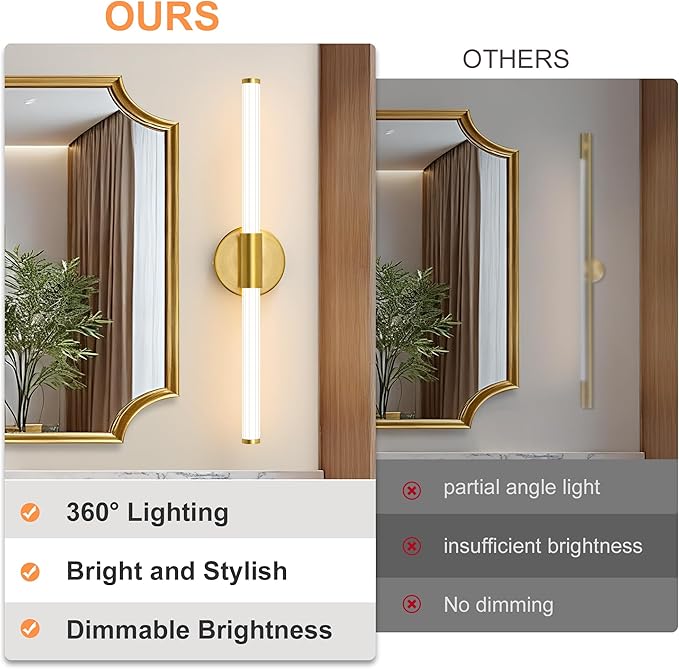 LED Bathroom Light Fixtures, Gold Vanity Lights for Bathroom, 360° Full Lighting Dimmable LED 24 inch Vanity Light Bar Over Mirror, Hardwired Modern Wall Sconce Warm White for Bedroom Living Room