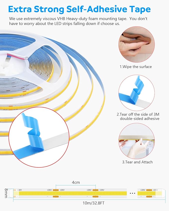 Aclorol 24V COB Led Strip Light 32.8ft COB Flexible Led Strip Light Cool White 6000K Super Bright for TV Party Other Home Indoor Decor 10M 3200Leds CRI85+(Power Supply&LED Dimmer Not Included)