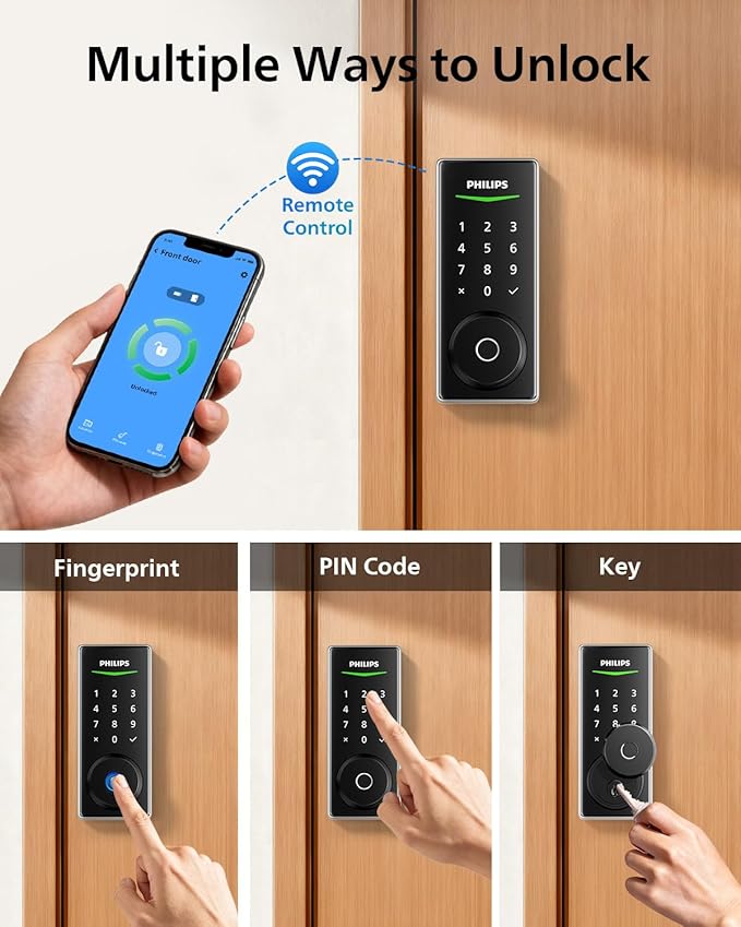 Philips Built-in WiFi Smart Lock, Keyless Entry Door Lock with App, Touchscreen Fingerprint Door Lock, Compatible with Alexa & Google, Splash-Proof, Includes 8 Batteries, Nickel