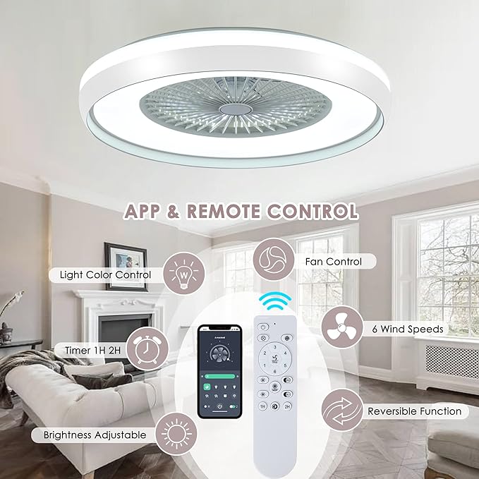 24" Bladeless Ceiling Fan with Light Remote, Smart LED Ceiling Fans with App Control, Modern Low Profile Dimmable Light Ceiling Fan for Bedroom Living Room White