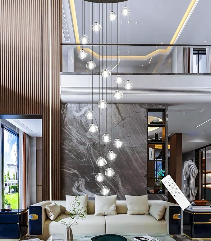 LED Glam Chandelier 138 inches Long Light Luxury Crystal Ceiling Chandeliers Remote Dimmable High Ceiling Pendants Lighting Fixtures Black 20 Lights