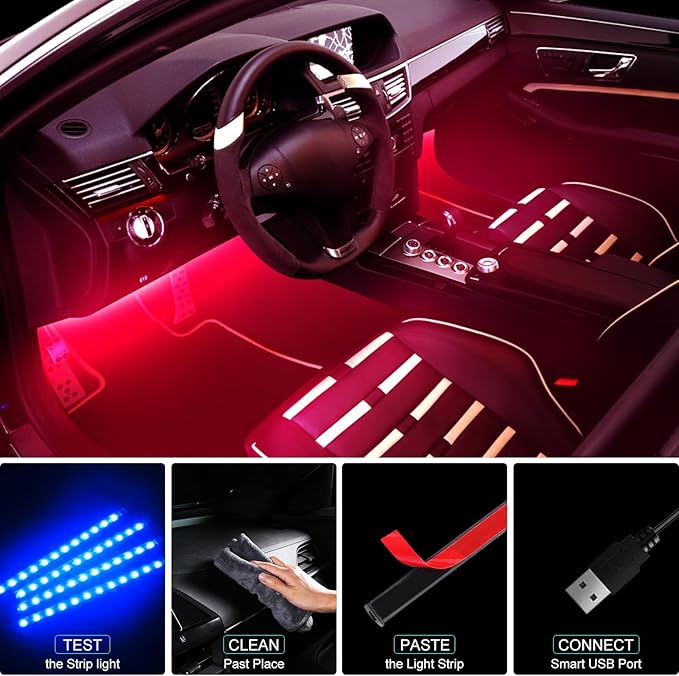 Car Interior LED Lights, APP Control with USB Port, RGB Color Change with Music Sync & DIY Mode, 48 LEDs Lights for Under Dash Running Board Truck