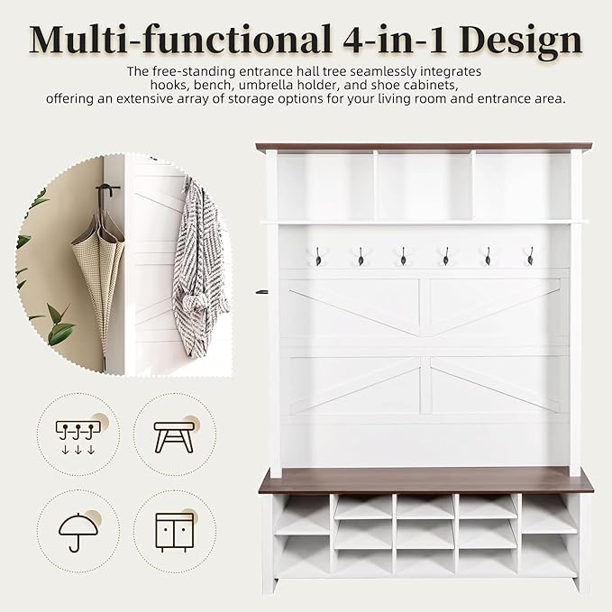 Farmhouse 4-in-1 Hall Tree with 6 Hooks, Practical Walnut Entryway Bench with Adjustable Shelves, Wooden Style Rustic Shoe Organizer with 16 Open Compartments for Mudroom, Living Room (White/8C)
