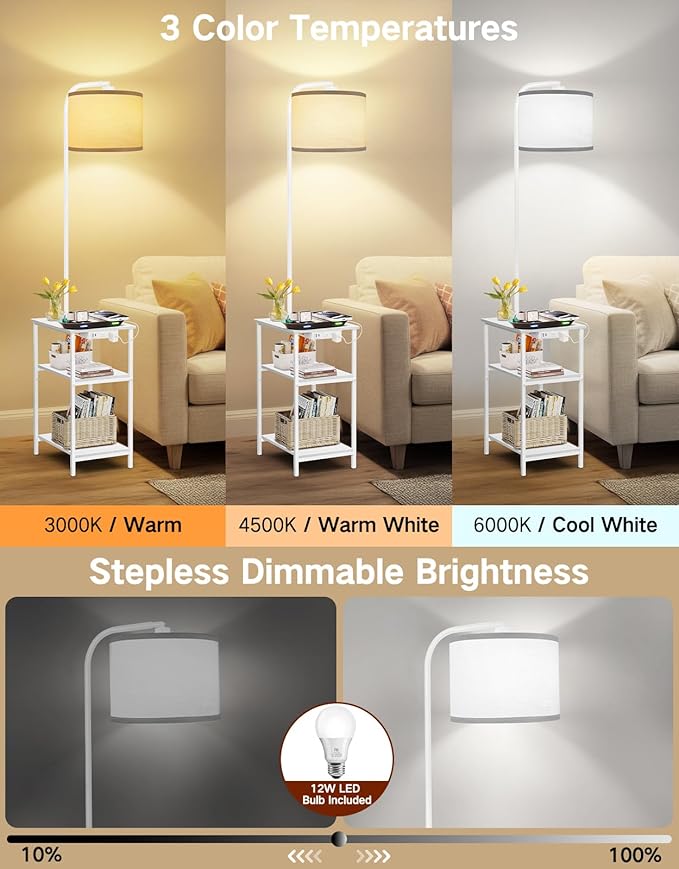 Floor Lamp with Table & Remote, Side End Table with Charging Station, Dimmable Nightstand with 3 Color Temperatures, 1-Hour Timer, 12W LED Bulb, for Living Room, Bedroom(White)