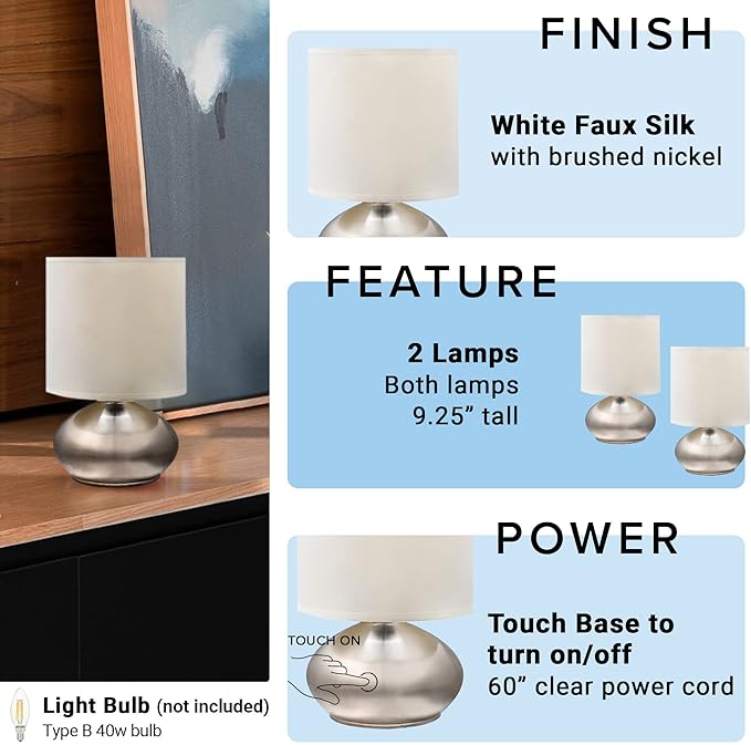 Catalina Lighting 18581-00 Caden Mini Reading Lights, Touch Accent Lamps for Office, Dorm, or Bedroom, Reading Light Nightstand Lamp, LED Bulb NOT Included, 9.25", Silver, Set of 2