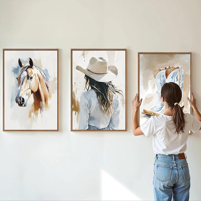 YeeHomedec Large Western Cowgirl Posters Framed Canvas Wall Art Set, Blue and White Horse Wall Decor, Glam Rodeo Boots Art Print, Vintage Country Hat Artwork for Living Room Bedroom Dorm 24"x36"x3