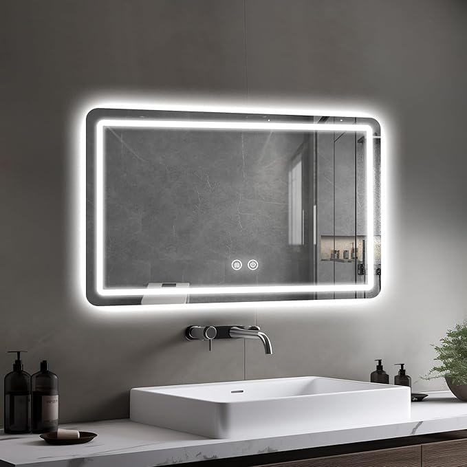 LED Bathroom Mirror, 36 x 24 Inch Anti-Fog Wall Mirror with Lights Stepless Dimmable, Lighted Bathroom Mirrors for Wall, Rectangle Bathroom Vanity Mirror with Front and Backlight, Horizontally Only