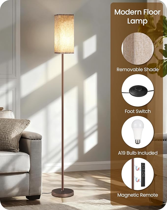 64.2'' Dimmable Floor Lamp for Living Room with Remote and Foot Switch, Corner Floor Lamp for Bedroom, Includes 10W A19 Bulb, Modern Standing Tall Lamp, ETL Listed Brown and Beige VE17LD05
