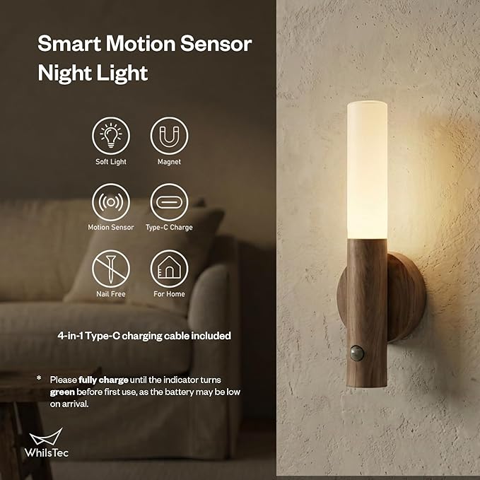 Motion Sensor Night Lights – 4 Pack Rechargeable Magnetic LED Sconces for Bedroom, Hallway & Picture Lighting + 4-in-1 Charging Cable (Oak Yellow)