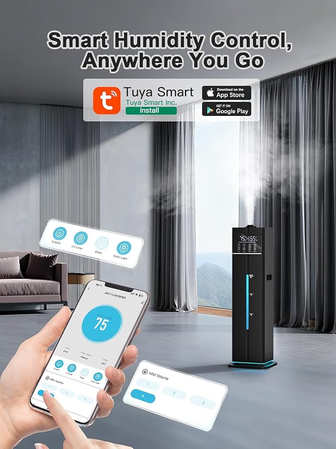 9L/2.4Gal Smart Cool Mist Humidifier, Top Fill Quiet Humidifier Large Room, Covers 550ft², App & Remote Control, 60H Runtime, 7 Colors Light, 4 Mist Modes Humidifiers for Bedroom, Office, Black