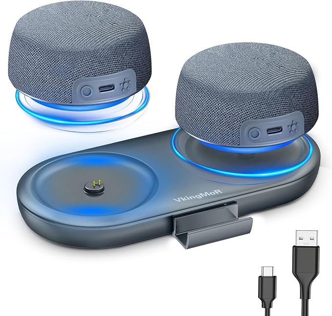 Dual Bluetooth Speaker Set with Magnetic Base & Phone Stand - TWS Stereo Sound, 10H Playtime, 3H with RGB Music Lights On- Bluetooth Wireless Speaker for Home Theater, Outdoor,TV Watching, Multi Room