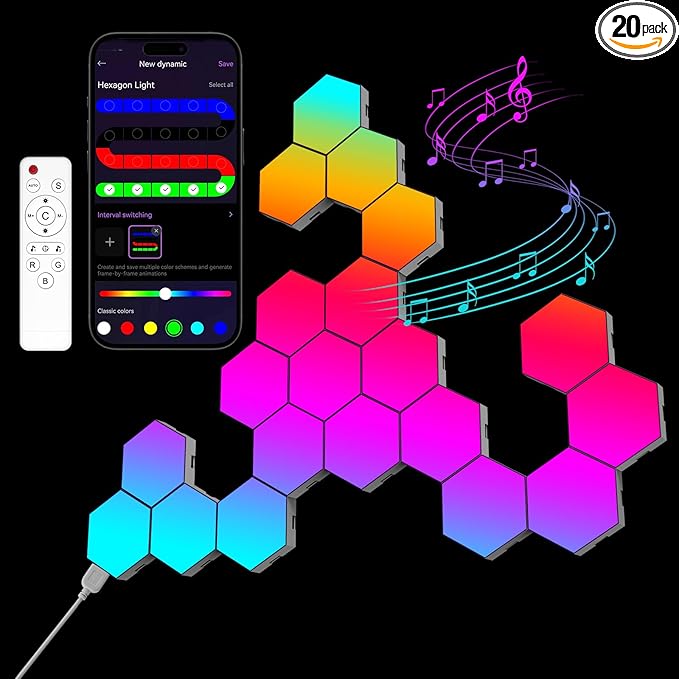OJQ 20 Pack Hexagon Lights Wall RGB Panel - Hexagonal Led Lights Room Decor Wall Lights Birthday Decorations Gaming Equipment Honeycomb Shape Panels Hexagon Gaming Lights for Bedroom Children