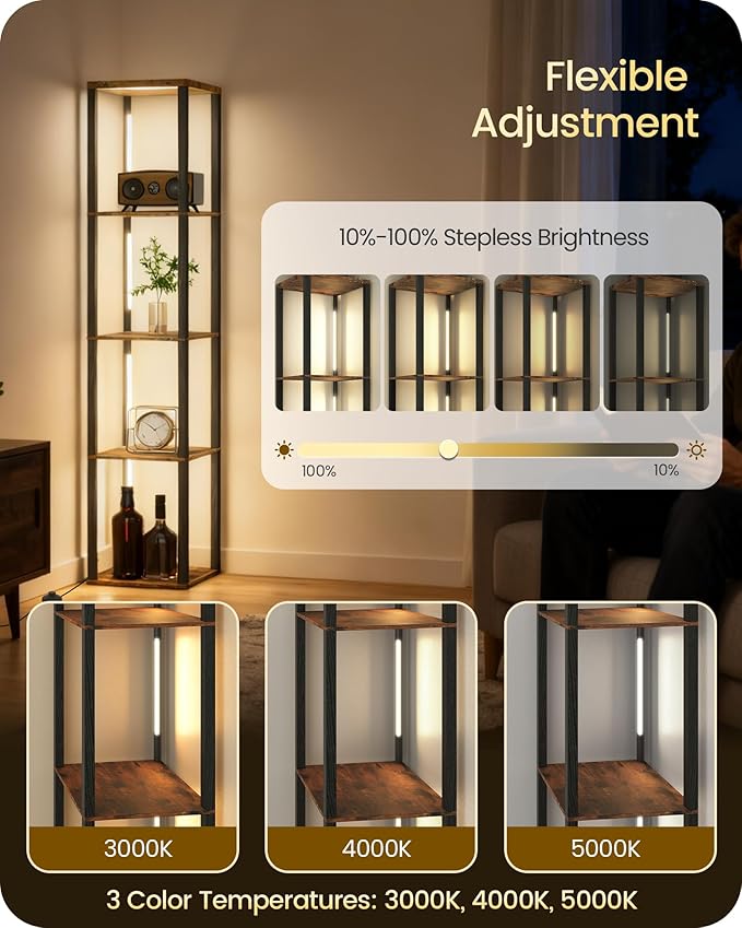 64.2" Display Shelf with Light, Modern Corner Floor Lampe with Shelves, LED Dimmable Standing Lamp with Remote for Living Room, Bedroom, Office, Adjustable CCT, Rustic Brown Square F51LD05