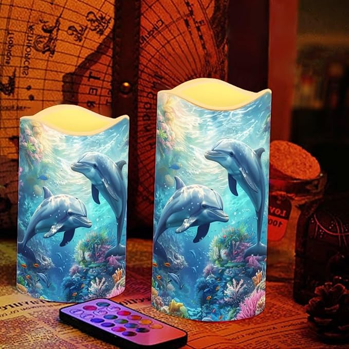 Sea Dolphin Flameless Candles with Remote Color Changing Battery Operated Pillar Candles with Flickering Flame Electric Fake Plastic Candles Tea Light Living Room Dining Table Decor