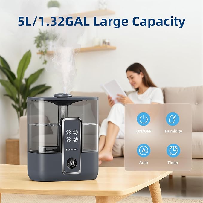 FLYMOON Smart Humidifiers for Bedroom, 5L Top Fill Cool Mist Humidifiers for Large Room, 50H Runtime, 28 dB Quiet,12H Timer, App Control, Ultrasonic Humidifier for Plants, Baby, Indoor, Home, Black