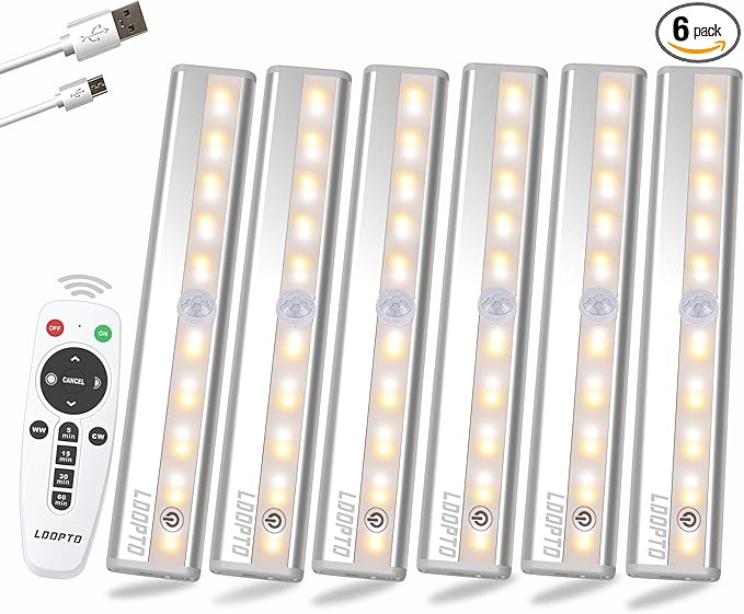 LDOPTO Under Cabinet Wireless LED Lights, 6 Pack Rechargeable Battery Operated, Dimmable, Remote Control, Stick On Night Lights for Kitchen, Pantry, Stairs, Hallway, 3 Colors