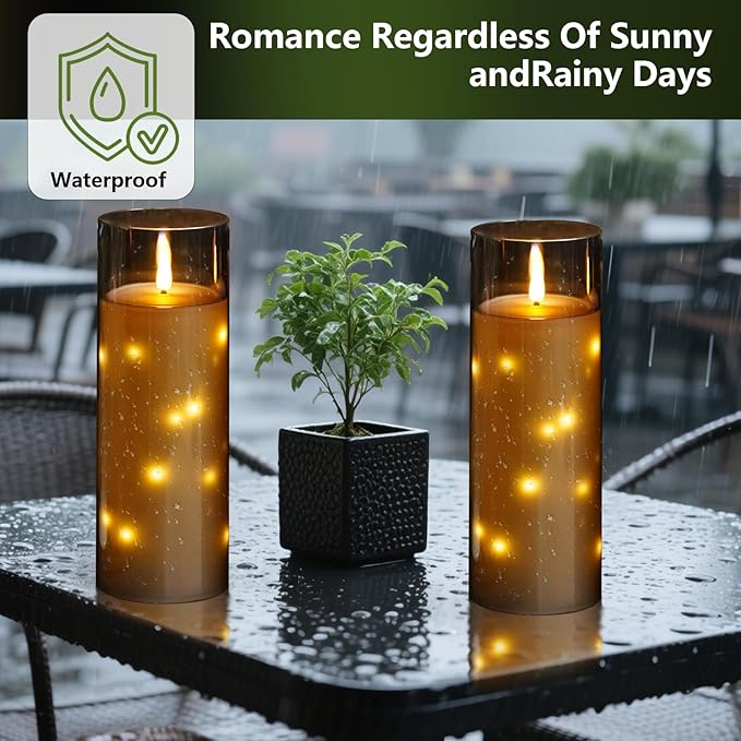 11" x 4" Large Outdoor Waterproof Flameless LED Candles with Remote and Timer,Acrylic Pillar Candles Battery Operated with Embedded Star String for Porch,Patio,Outdoor Decor,Set of 2(Grey)
