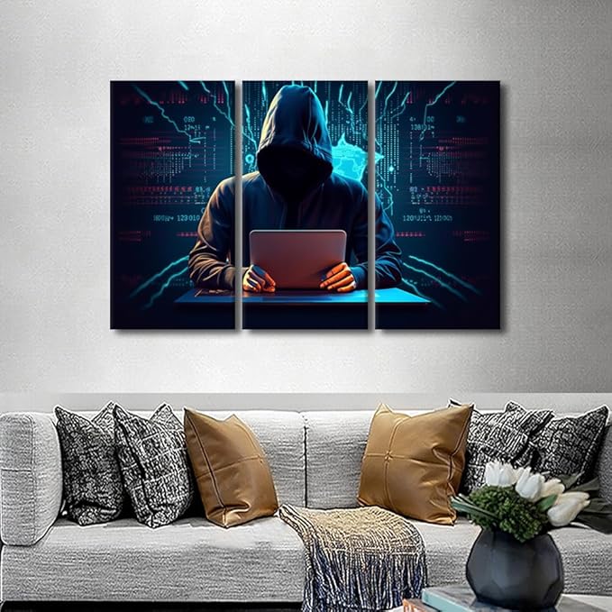 Hacker Wall Art - Hacker Malware Picture Prints on Canvas Big Data Painting Giclee Artwork for Home Decor 3 Pieces Framed Wall Art Canvas Prints Ready to Hang Posters, 42" Wx28 H