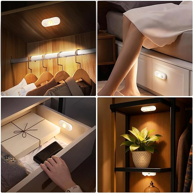 LED Motion Sensor Light Indoor, Magnetic Under Cabinet Lighting Warm White, Dimmable Rechargeable Puck Lights for Closet, Kitchen, Stairs(6 Pack)