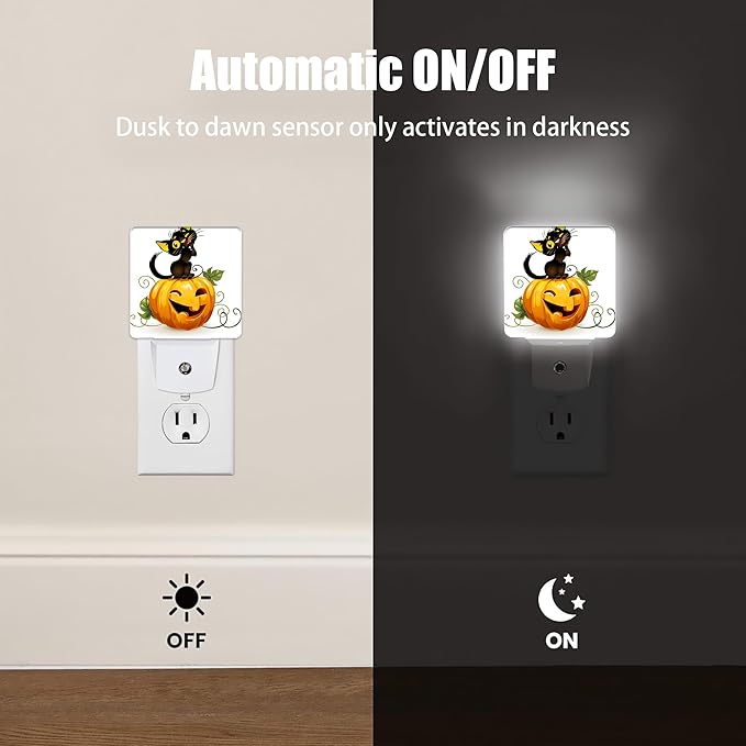 Halloween Night Light, Cute Black Cat and Pumpkin Night Lights Plug into Wall Decorations for Bedroom, Bathroom, Dusk to Dawn Sensor Nightlights for Girls Women Room Gifts