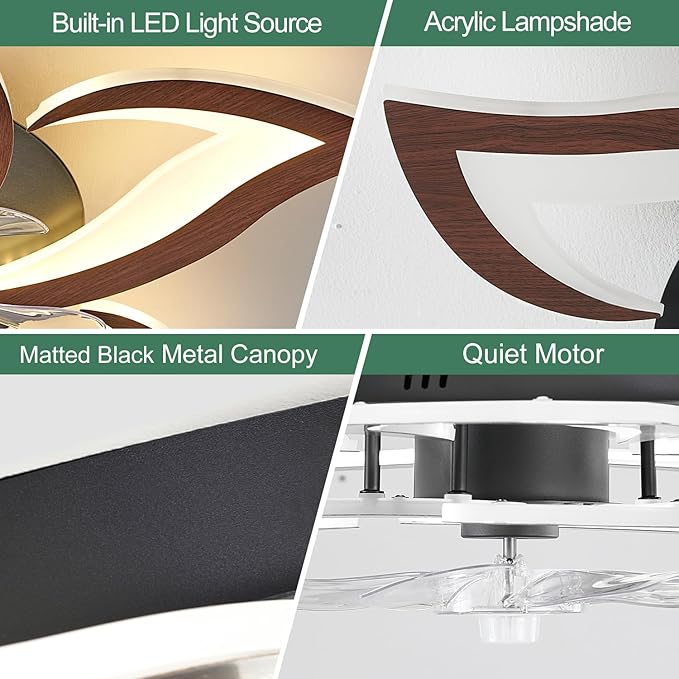 Modern Ceiling Fan with Light and Remote, Low Profile Ceiling Fans with Lights, 32 Inch Flush Mount Ceiling Fan with 3 Light Color 6 Speeds, Fandelier Ceiling Fans for Living Room (Malnutcolor)