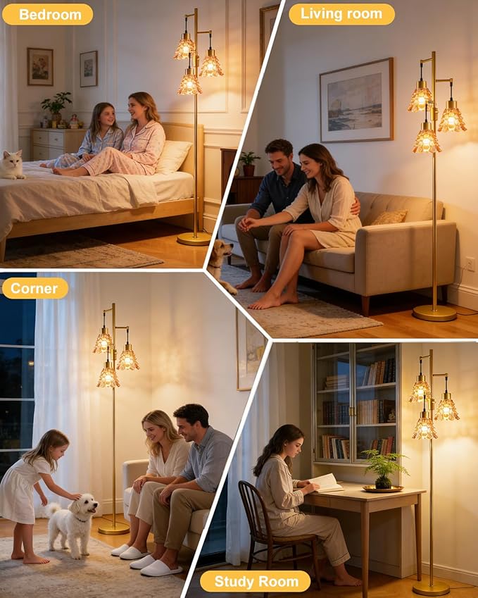 Glass Floor Lamps for Living Room, 67'' 3-Light Dimmable Floor Lamp with Brown Glass Shade& E12 Bulbs Included, Mid Century Standing Tall Lamp for Bedroom/Sofa Beside/Corner Decor-Gold