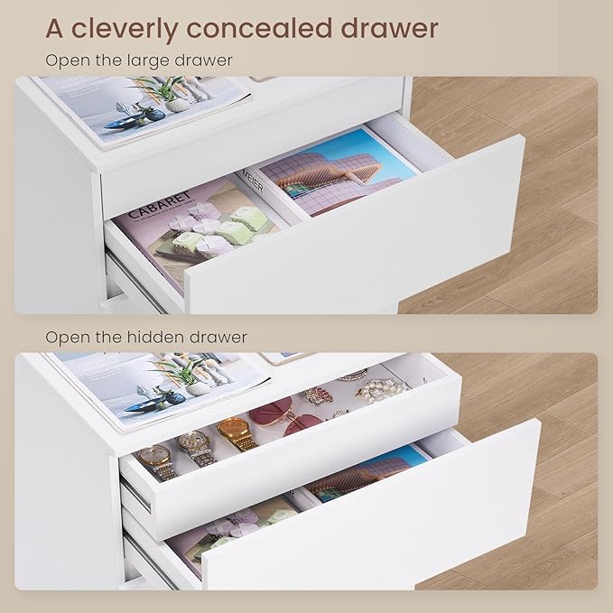 Nightstand Set of 2, 26" H with Hidden Drawer, Bedside Table with Charging Station, 4 Drawers, Modern Night Stand for Bedroom, White