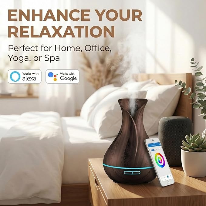 Sierra Modern Home Smart WiFi Humidifier - Aromatherapy Essential Oil Diffusers with App Control & Voice Control - Works with Alexa & Google Home - 400ml Ultrasonic Diffuser & Humidifier - Dark Brown