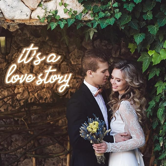 It's a Love Story LED Neon Signs for Wall Decor Neon Wall Art Acrylic LED Lights with Hanging Chain Light Up for Bedroom Decor Graduation Bar Pub Wedding Party 5V USB Powered Dimmable