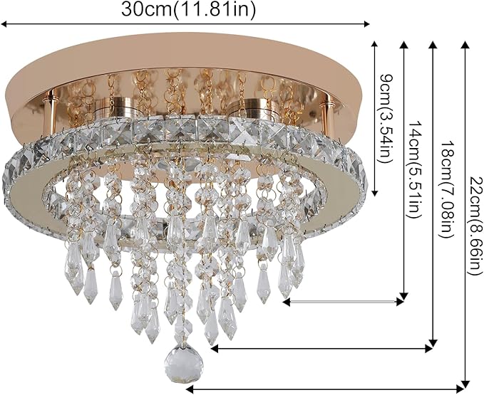 Deckrico Modern Gold Crystal Chandelier 11.8" LED Ceiling Light, Flush Mount Lighting Fixture for Bedroom, Hallway, Kitchen, Dining Room – Cool White