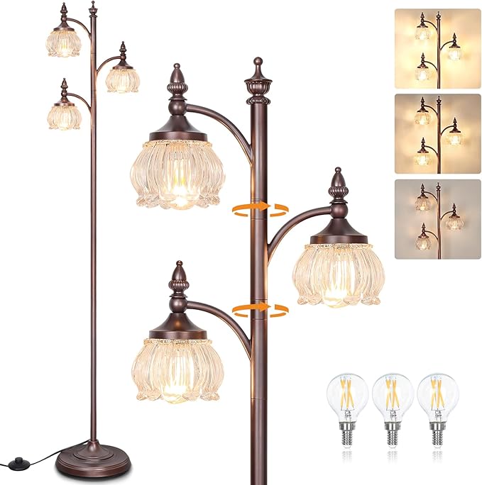 Brown Floor Lamps for Living Room Standing Lamp with 3 Brightness Lights Glass Shade 66.5in Flower Lamp for Bedroom Office Corner(3LED Bulbs Included)