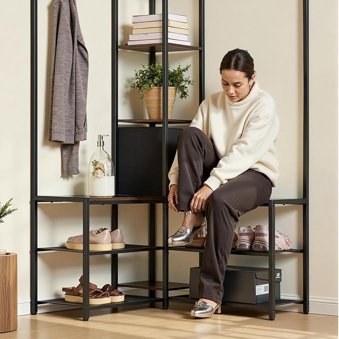VEVOR Corner Hall Tree with Shoe Bench, 70.9 in Coat Rack with Hooks and Steel Frame, Freestanding Clothes Shoes Rack Storage Organizer with Anti-Tip Set, for Entrance, Closet, Office, Rustic Brown