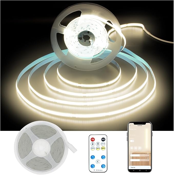 DAYBETTER COB LED Strip Light,LED Lights 32.8ft,Natural White 4000K Dotless Strip Lights,3200 LEDs Super Bright Dimmable 24V Flexible Tape Lights with Remote and App,Bedroom,Kitchen,Cabinets Lighting
