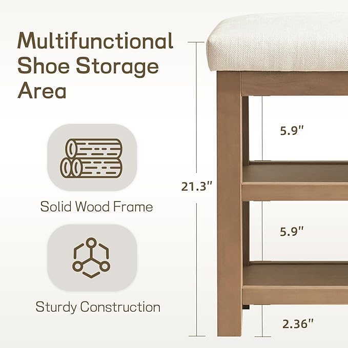 2 Tier Shoe Rack Bench with Cushion, Solid Wood Shoe Benches, Mid-Century Modern Shoe Storage Bench for Entryway, Hallway, Living Room, Closet, Front Door Entrance, (Beige, 31.5")