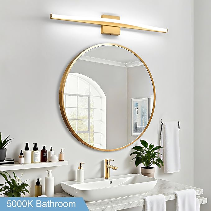 Modern Bathroom Vanity Light 32 inch, Curved, Dimmable 5CCT Led Bathroom Light Fixture Over Mirror, Gold Bar Vanity Light for Bathroom Mirror Cabinets-ETL Certificated Modern LED Vanity Makeup Lights