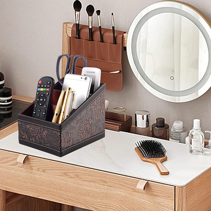 PU Leather TV Remote Control Holder with 3 Compartments,Nightstand Caddy Organizer,Storage Rack,Storage Box,Media Accessory Storage,Desk Organizers (Brown (Retro))