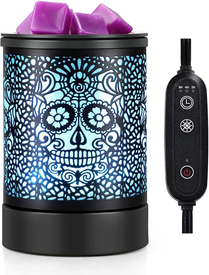 Fragrance Wax Melts Warmer with 7 Colors LED Changing Light Scent Oil Candle Warmer for Home Office-Skull Timer