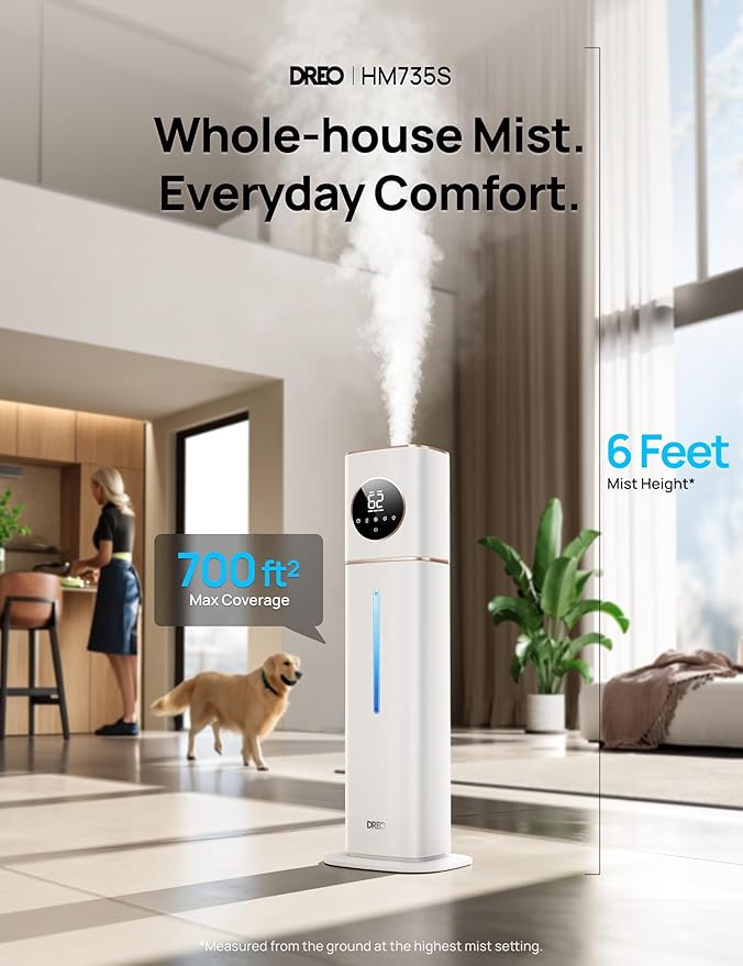 DREO HM735S 11L Smart Humidifier Large Room 700 ft², 100H Cool Mist Air Humidifiers for Bedroom, Top-Fill, Clean Tank Technology, 26dB, Auto Mode, Aroma Box, RGB, Remote & APP Control, Baby, White