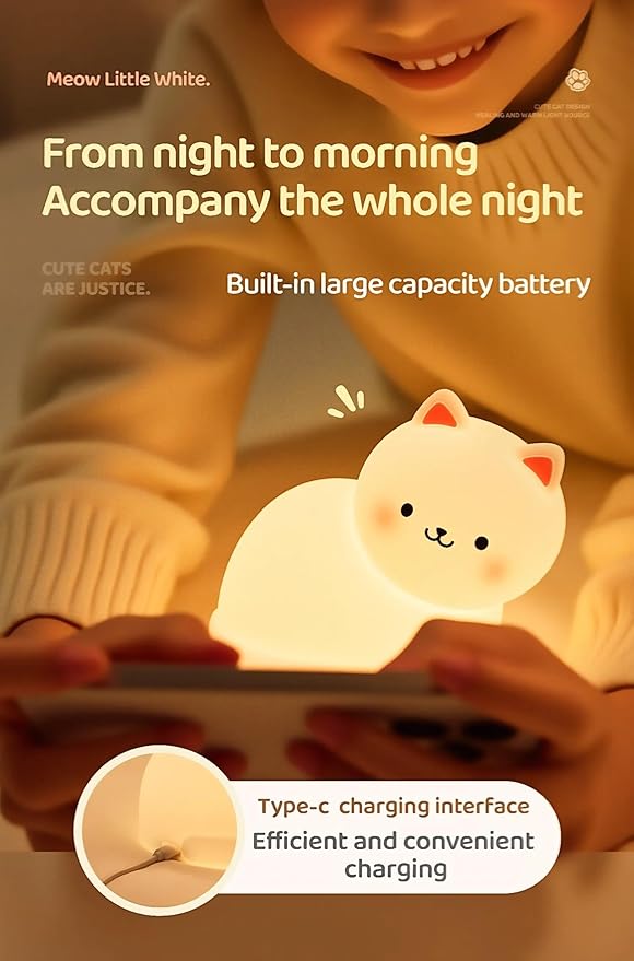 Cat Night Light for Kids,7 Colors Lamp,Tap Dimmable,Rechargeable Portable and Squishy Silicone Led Nightlight,Kawaii Gift,Timing Bedside Lamp,Nursery,Toddler,Breastfeeding,Kids Room Decor,Birthday