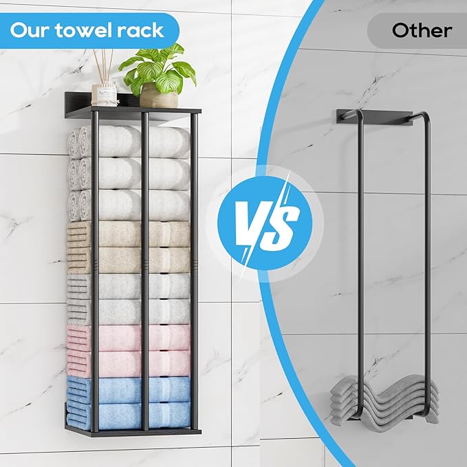 Towel Racks for Bathroom Wall Mounted with Wooden Storage Shelf, Updated 3 Bar Metal Towel Holder for Rolled Towels, Sturdy and Large Capacity, Towel Storage Organizer-Black