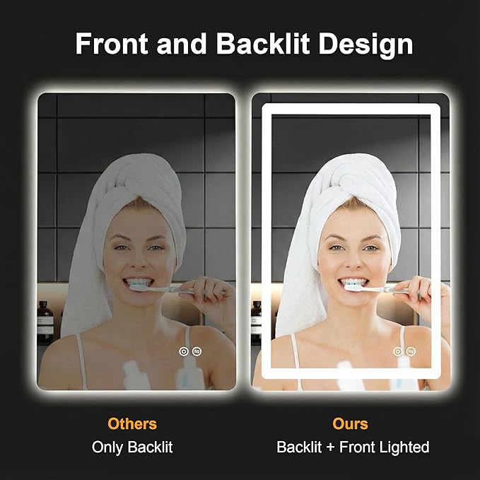 Bathroom Vanity Mirror with LED, 36" x 24" Led Bathroom Vanity Mirror with Light for Wall, IP54 Enhanced Anti-Fog, Dimmable 3 Colors, Memory Function, Backlit and Front Lit, Plug-in/Hardwired