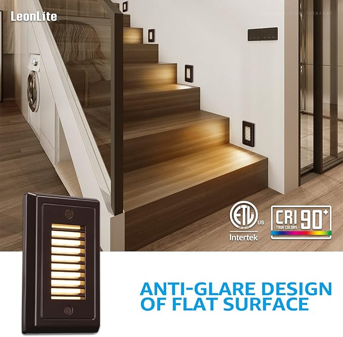LEONLITE 120V Line Voltage LED Step Lights, Dimmable LED Stair Light, ETL Listed, 3W Surface Mount Louvered Step Light, Vertical Design, Waterproof Aluminum, 3000K Warm White, Bronze, Pack of 6