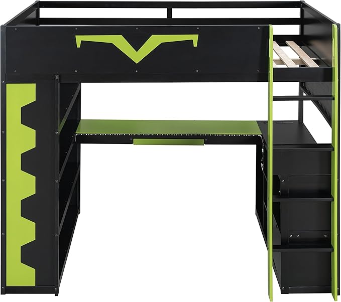 Full Size Gaming Loft Bed with Integrated Desk & RGB LED Lights,Bunk Bed with Power Outlet, Large Bookshelf, Pegboard, Keyboard Tray & Drawer (Green-Bo, Full)