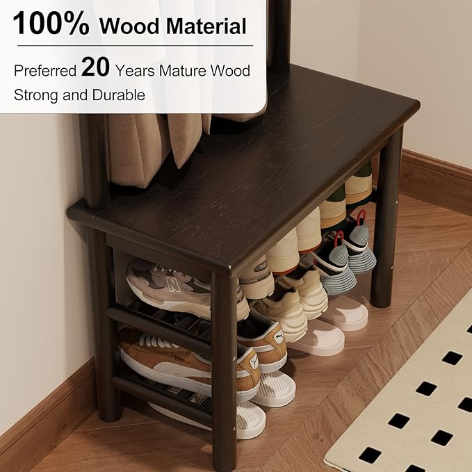 AQIMUELE Coat Rack with Shoe Storage, Narrow Wooden Hall Tree with Bench, 11 Hooks and 2-Tier Storage Shelves, 3-in-1, Entryway Bench with Coat Rack (23.6"-Black)