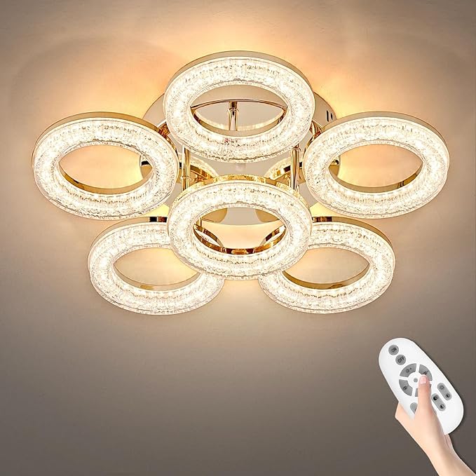 OKELI Modern Ceiling Light, 6 Rings 17.7'' Dimmable LED 60W Flush Mount Ceiling Lights with Remote Acrylic Crystal Round Ceiling Light Fixture, Bedroom Living Room Dining Room, Gold
